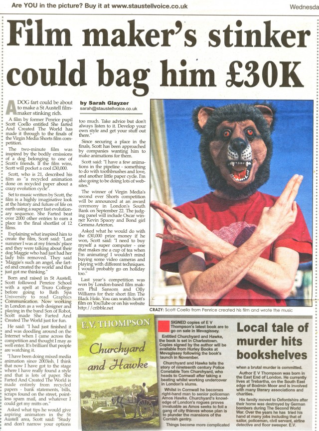 The St. Austell Voice write about She Farted And Created The World and Virgin Media Shorts